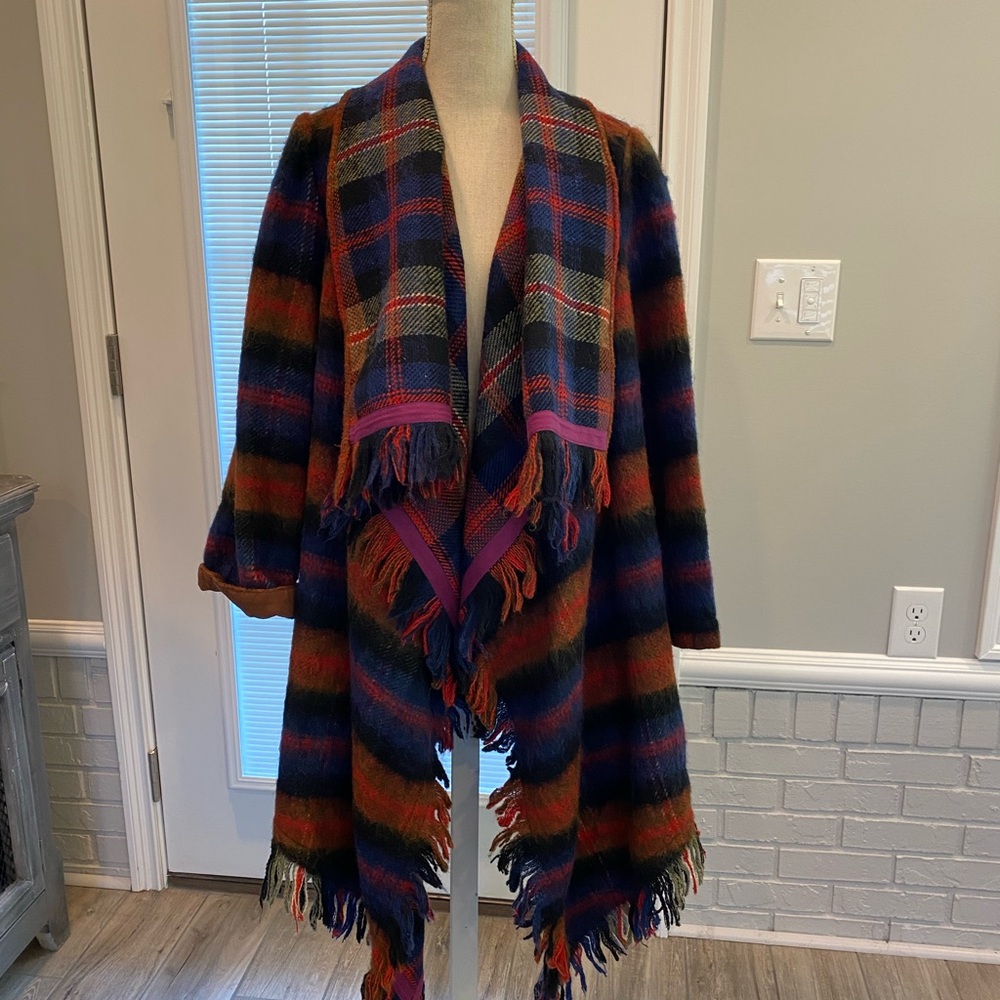 Anthropologie Multicolor Plaid Fringe Jacket